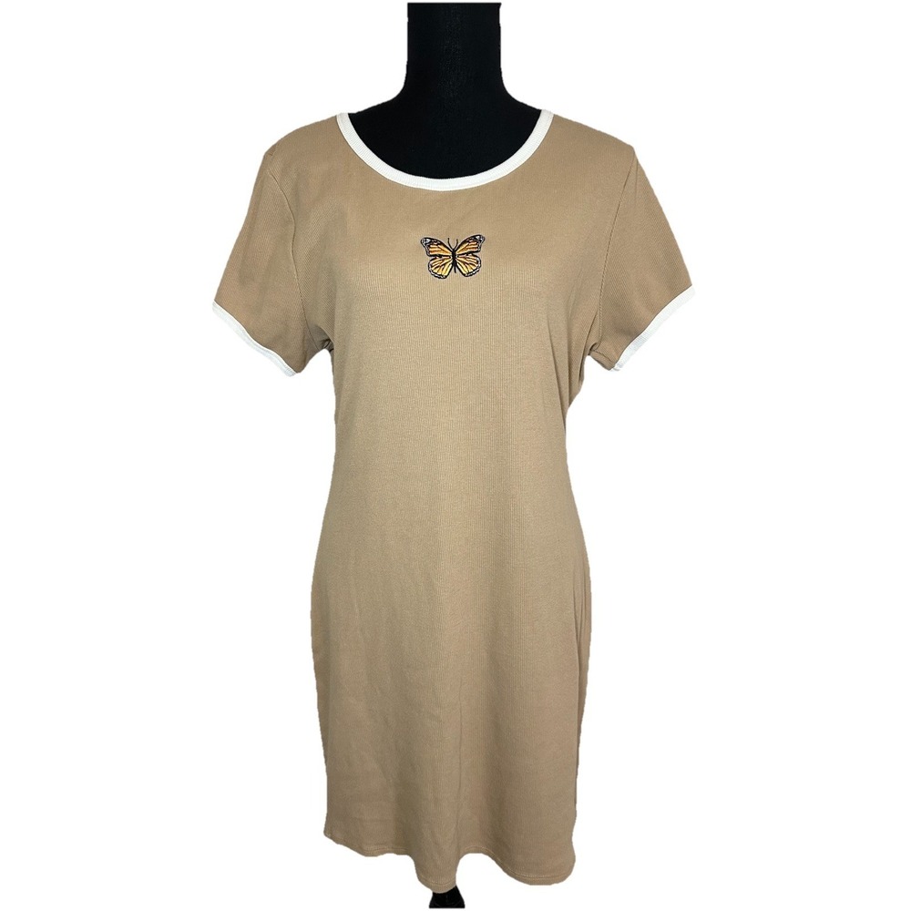 Cut & Paste Y2K Women's XXL Ribbed Short Sleeve Baby Tee Tan Dress Butterfly